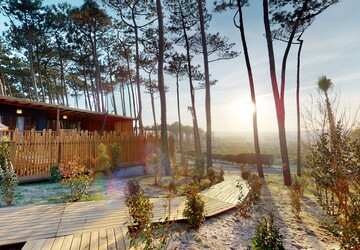 vue sur le coucher de soleil avec la dune dans un camping au coeur de la forêt avec le chalet piscine premium 4 à 5 personnes (camping 5 étoiles landes accès direct plage, bord de mer, accès plage, plage de messanges)