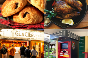 mélange méli mélo de 4 photos avec viennoiserie, rôtisserie poulet rôti, personnes faisant la queue pour une glace fait maison un soir d'été et la machine pour la distribution de pizzas à toute heure