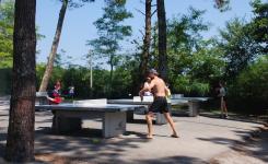 Match sur les tables de ping-pong du camping 5 étoiles Le Vieux Port dans les Landes en été